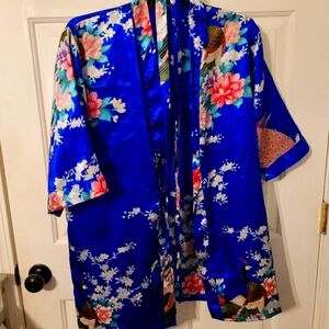 Blue & Pink peacock oriental  soft silk Kimono robe size Small